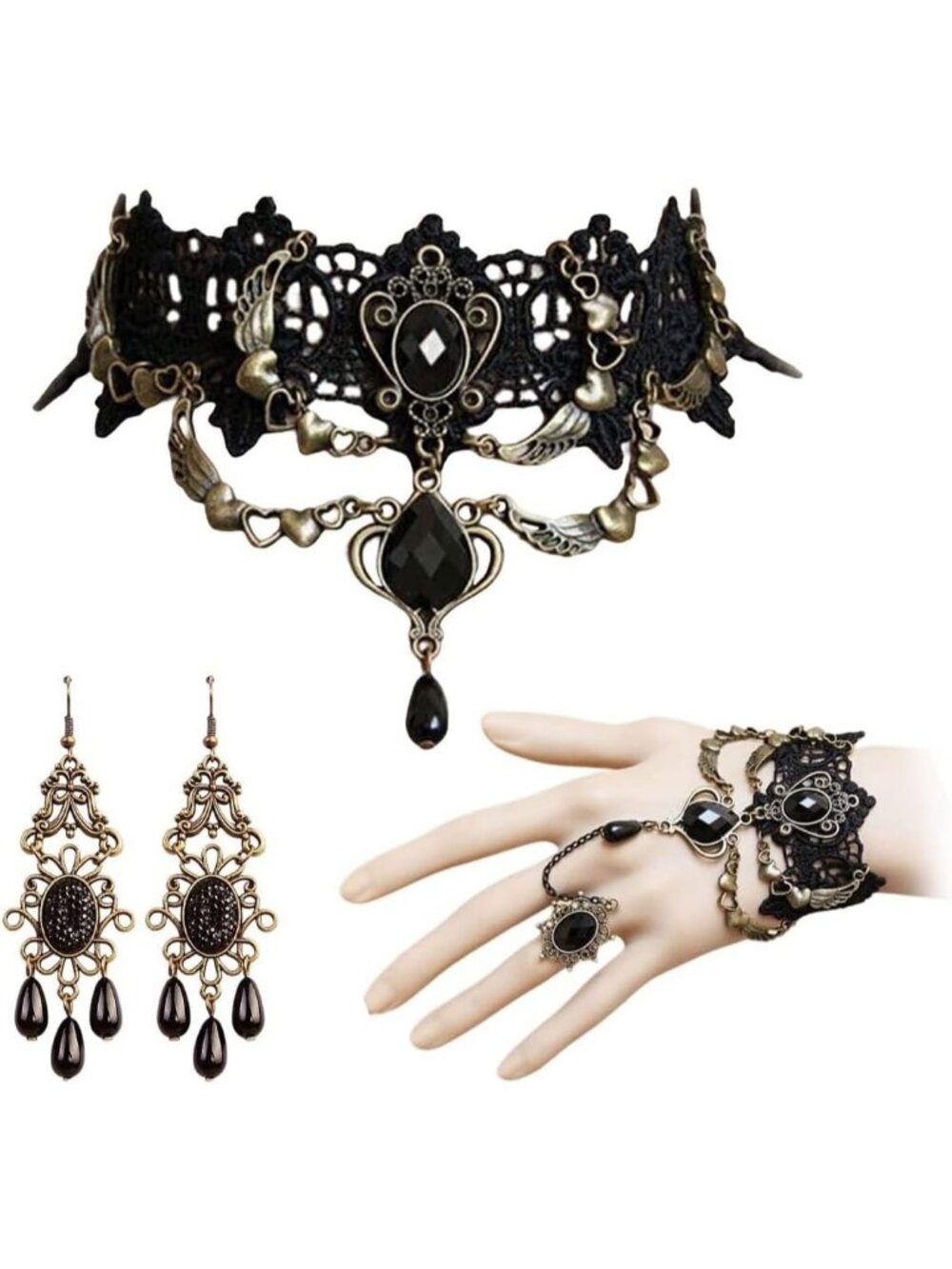 Women's Black Choker Witch Necklace Halloween Black Hand Chain Ring Bracelet Set